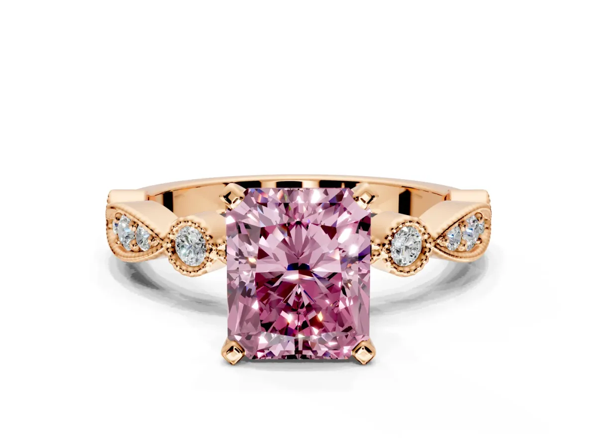 Solitaire Engagement Ring Setting for Fancy Pink Radiant Cut Center with Milgrain Bezel Accents and Prong Head in Rose Gold