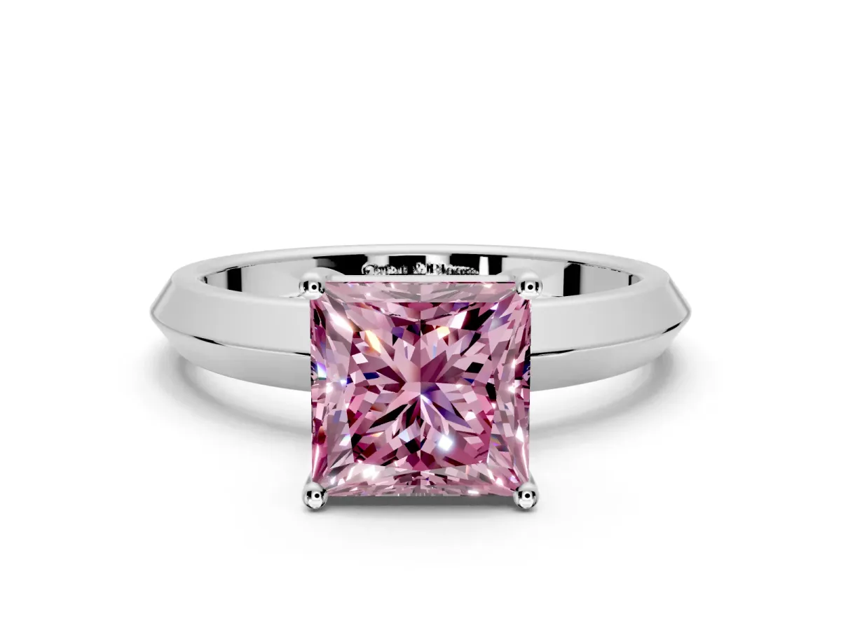 Solitaire Engagement Ring Setting for Fancy Pink Princess Cut Center with Wide Knife Ridge Band and Prong Head in Platinum
