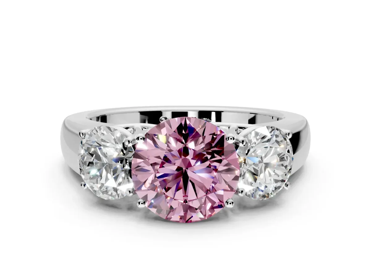 3 Stone Engagement Ring Setting for Fancy Pink Round Cut Center with Raised Basket Heads and Prong Head in Sterling Silver
