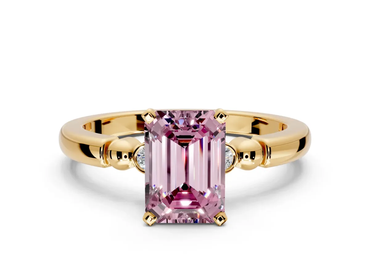 Solitaire Engagement Ring Setting for Fancy Pink Emerald Cut Center with Beaded Shoulders and Prong Head in Yellow Gold