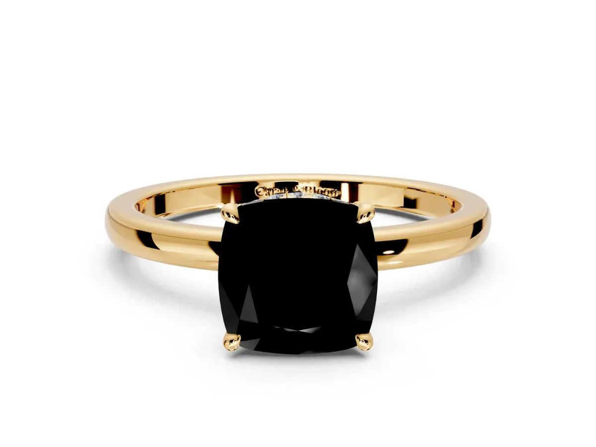 Hidden Halo Engagement Ring Setting for Fancy Black Cushion Cut Center with Plain Band and Tall Prong Head in Yellow Gold
