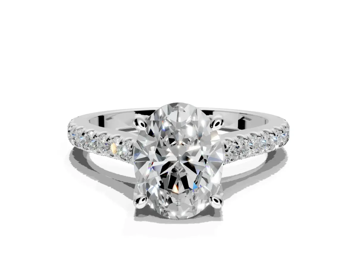 Solitaire Engagement Ring Setting for Oval Center with Widening Pave Band and Claw Prong Head in White Gold