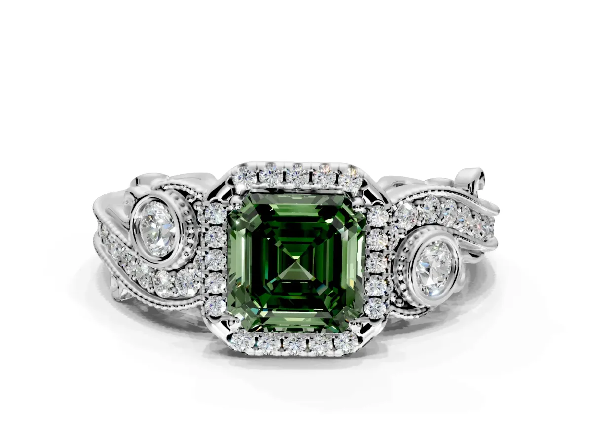 Milgrain Halo Engagement Ring Setting for Fancy Green Asscher Cut Center with Shoulder Bezels and Prong Head in White Gold