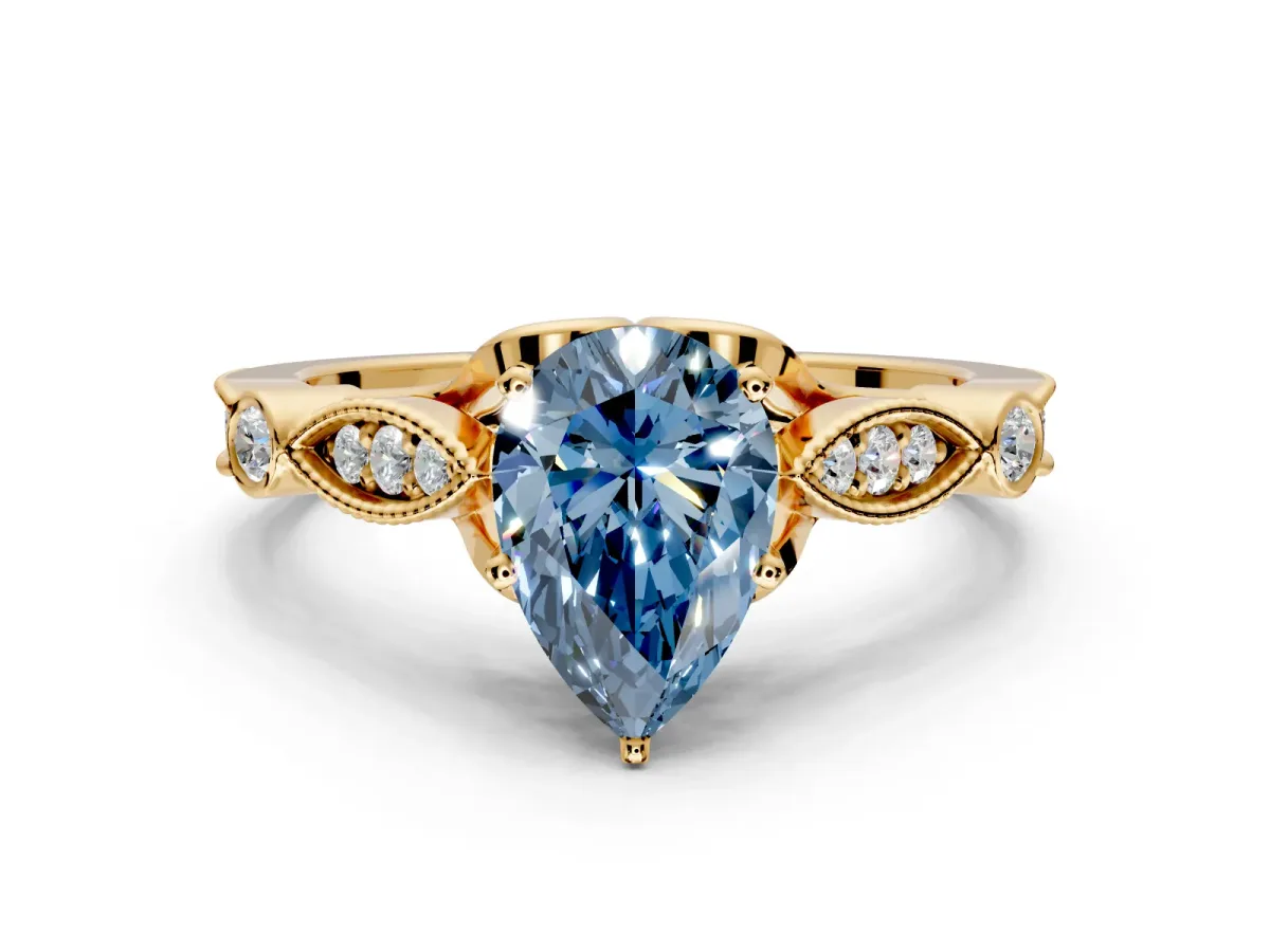 Solitaire Engagement Ring Setting for Fancy Blue Pear-Shaped Center with Marquise and Bezel Accents and Prong Head in Yellow Gold