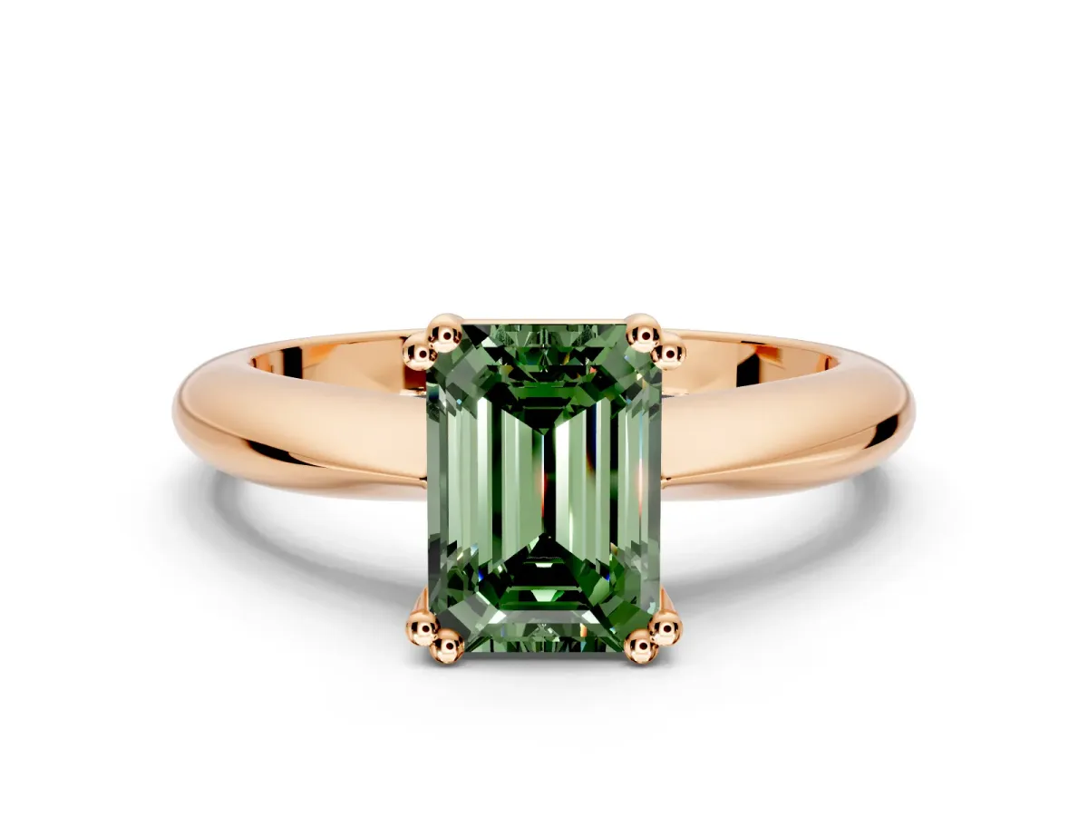 Solitaire Engagement Ring Setting for Fancy Green Emerald Cut Center with Reverse Tapered Band and Prong Head in Rose Gold