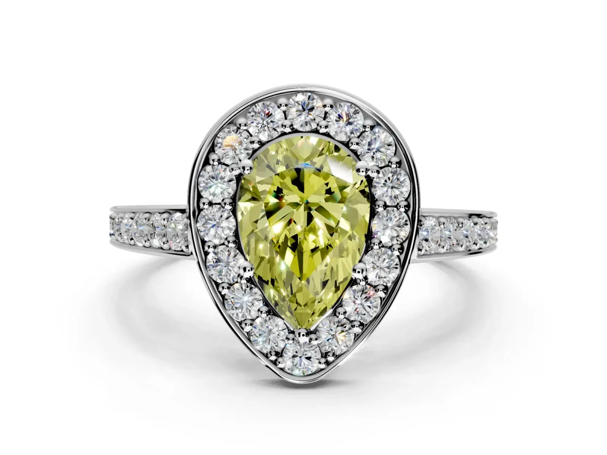 Bezel-Framed Halo Engagement Ring Setting for Fancy Yellow Pear-Shaped Center with Pave Band and Prong Head in Platinum