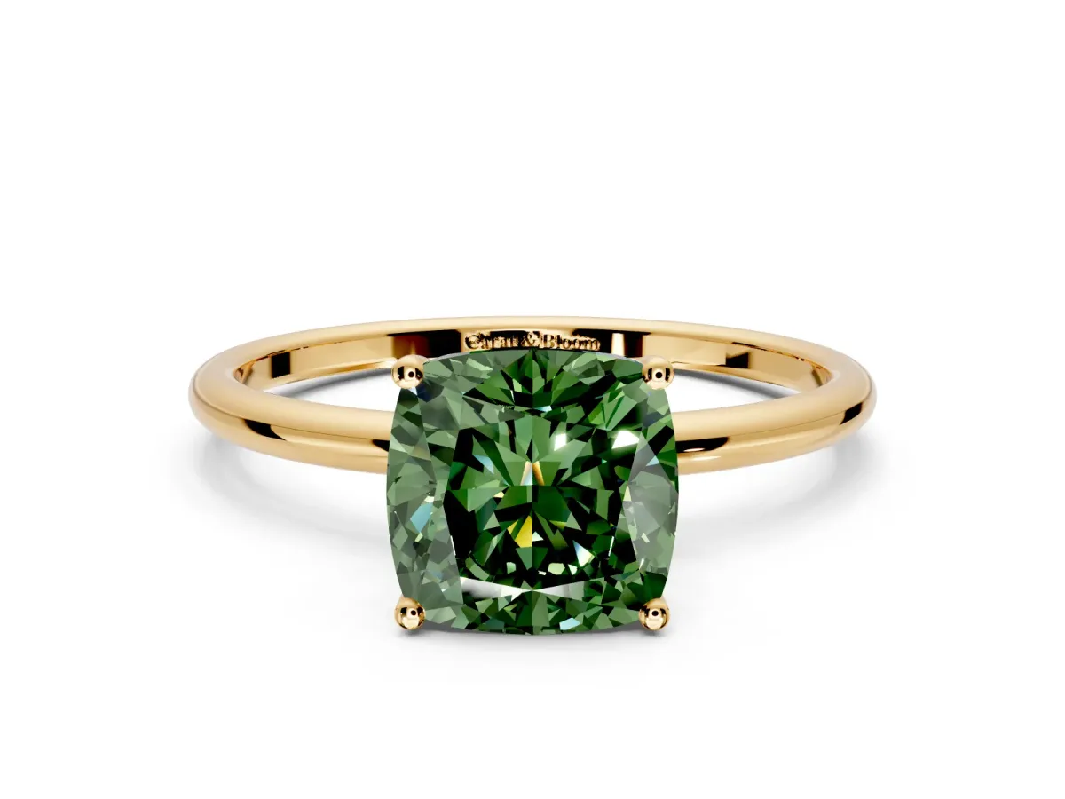 Solitaire Engagement Ring Setting for Fancy Green Cushion Cut Center with Straight Thin Band and Prong Head in Yellow Gold