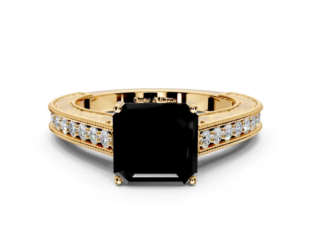 Solitaire Engagement Ring Setting for Fancy Black Asscher Cut Center with Engraved Pave Band and Prong Head in Yellow Gold