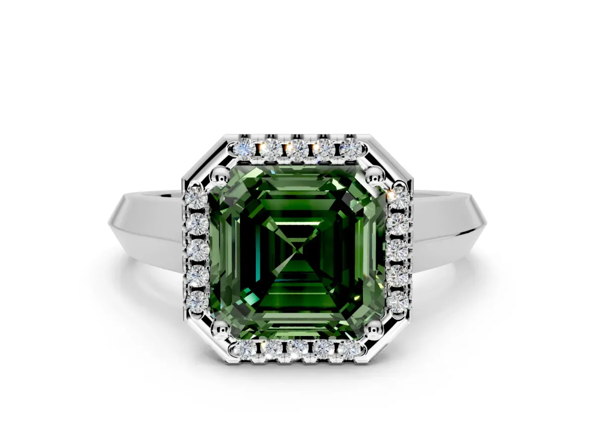 Halo Engagement Ring Setting for Fancy Green Asscher Cut Center with Knife Ridge Cathedral Band and Prong Head in White Gold