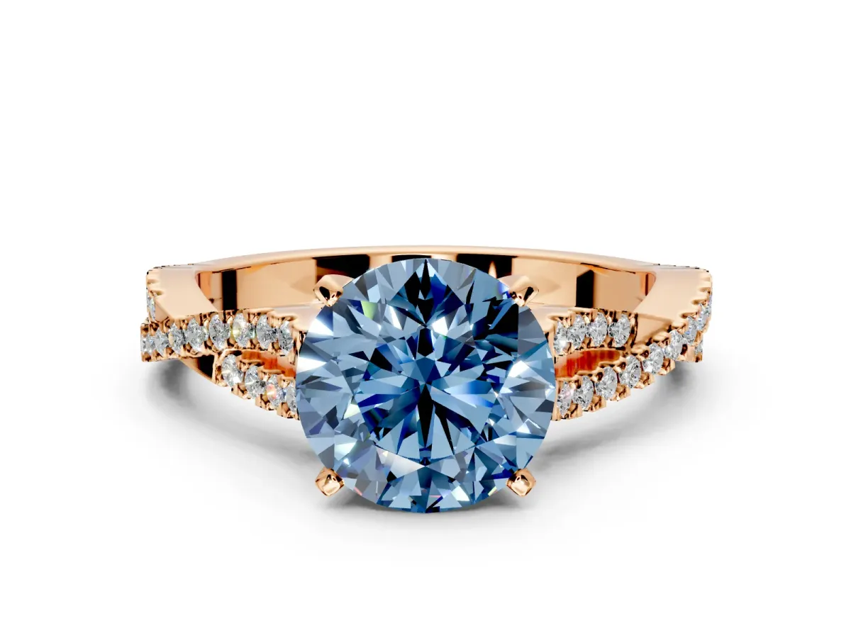 Solitaire Engagement Ring Setting for Fancy Blue Round Cut Center with Twisted Pave Split Shank and Prong Head in Rose Gold