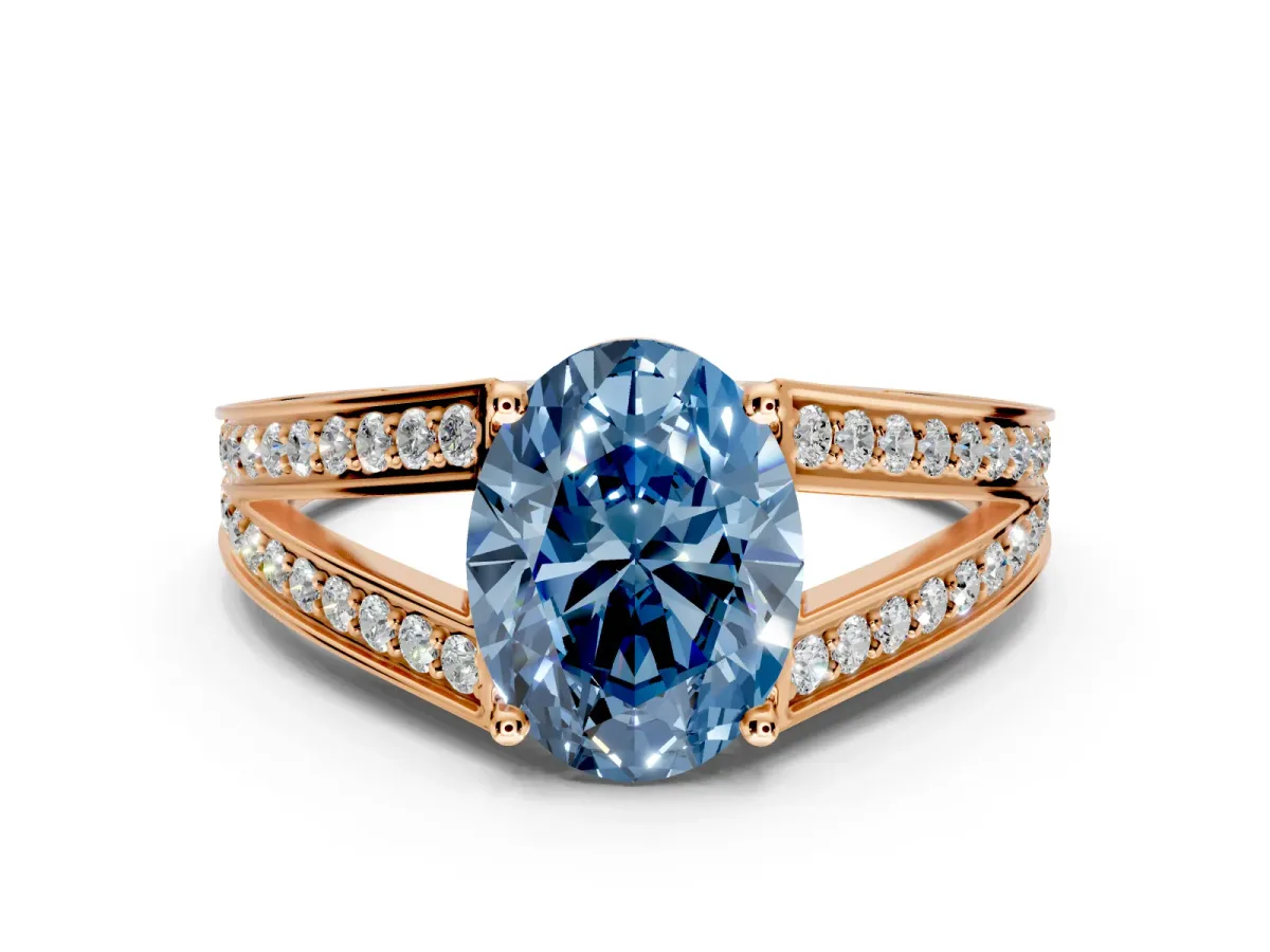 Split Shank Engagement Ring Setting for Fancy Blue Oval Center with Pave Split Shank and Prong Head in Rose Gold