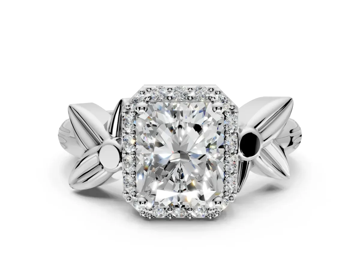Halo Engagement Ring Setting for Radiant Cut Center with Floral Band and Prong Head in White Gold