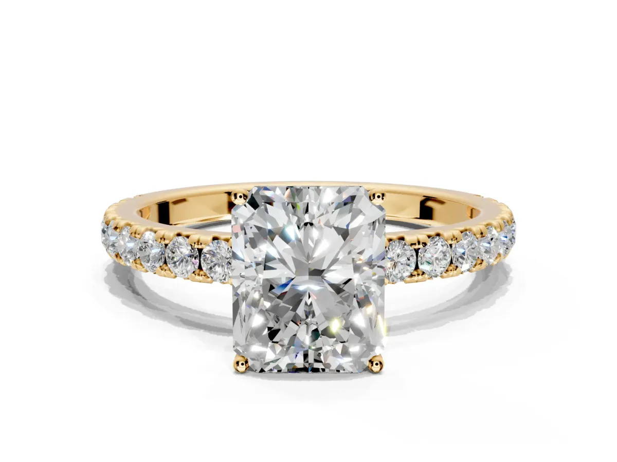 Solitaire Engagement Ring Setting for Radiant Cut Center with Large Accent Band and Prong Head in Yellow Gold