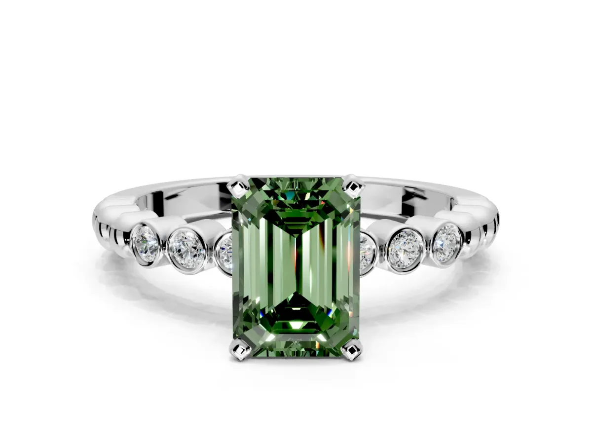 Solitaire Engagement Ring Setting for Fancy Green Emerald Cut Center with Bezel-Dot Beaded Band and Prong Head in Sterling Silver