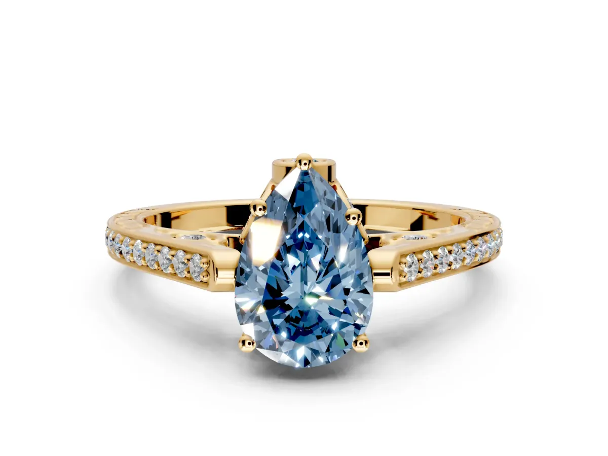 Cathedral Engagement Ring Setting for Fancy Blue Pear-Shaped Center with Antique-Style Pave Band and Prong Head in Yellow Gold