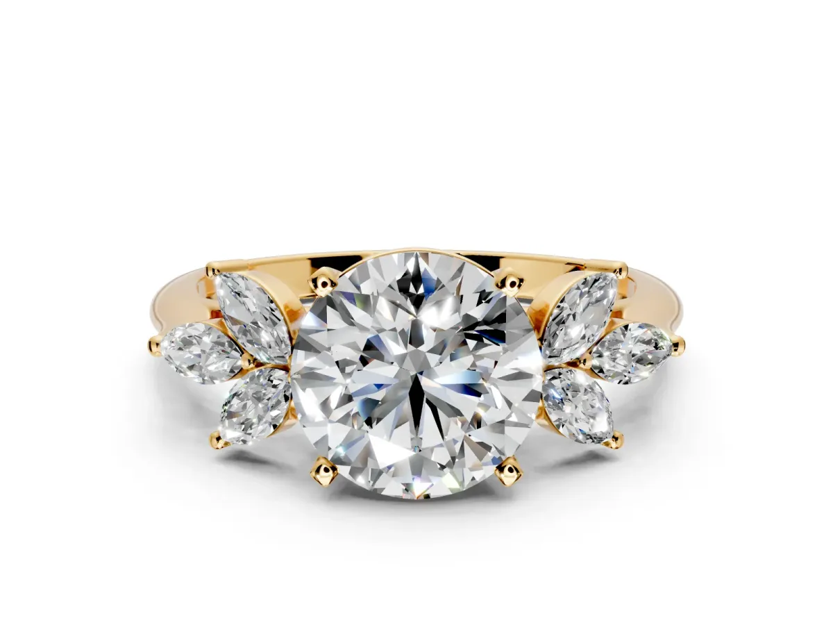 Floral Cluster Engagement Ring Setting for Round Cut Center with Marquise Accents and Prong Head in Yellow Gold