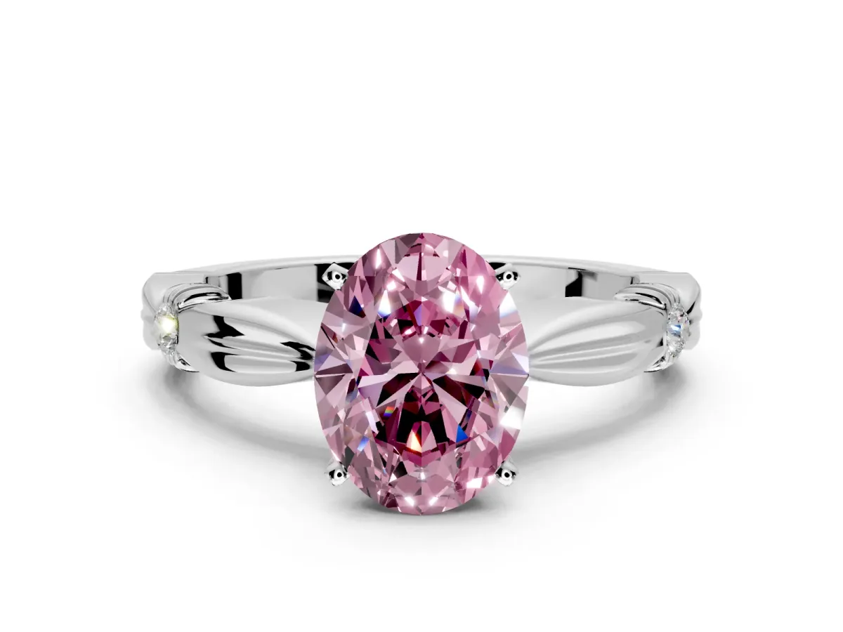 Solitaire Engagement Ring Setting for Fancy Pink Oval Center with Carved Leaf Shoulders and Prong Head in Platinum