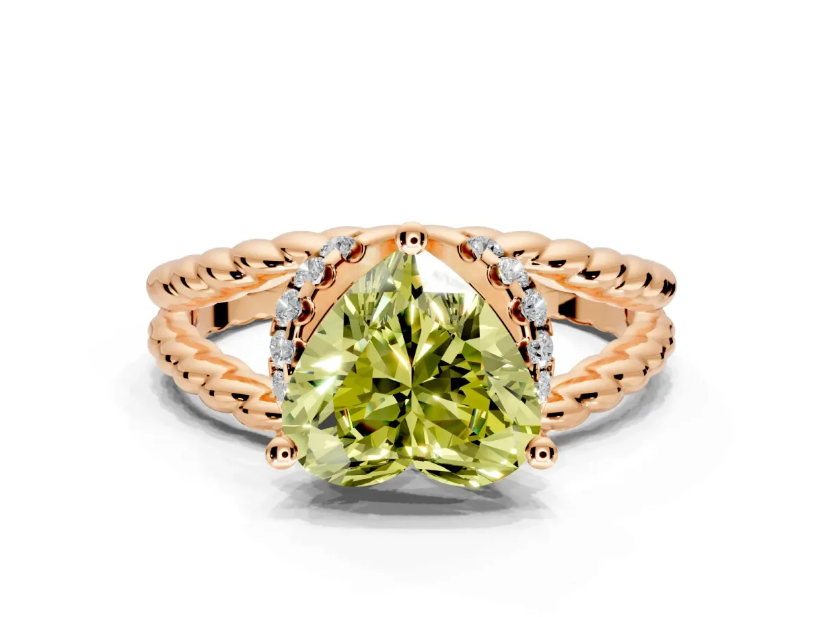 Halo Engagement Ring Setting for Fancy Yellow Heart-Shaped Center with Rope Twist Split Shank and Prong Head in Rose Gold