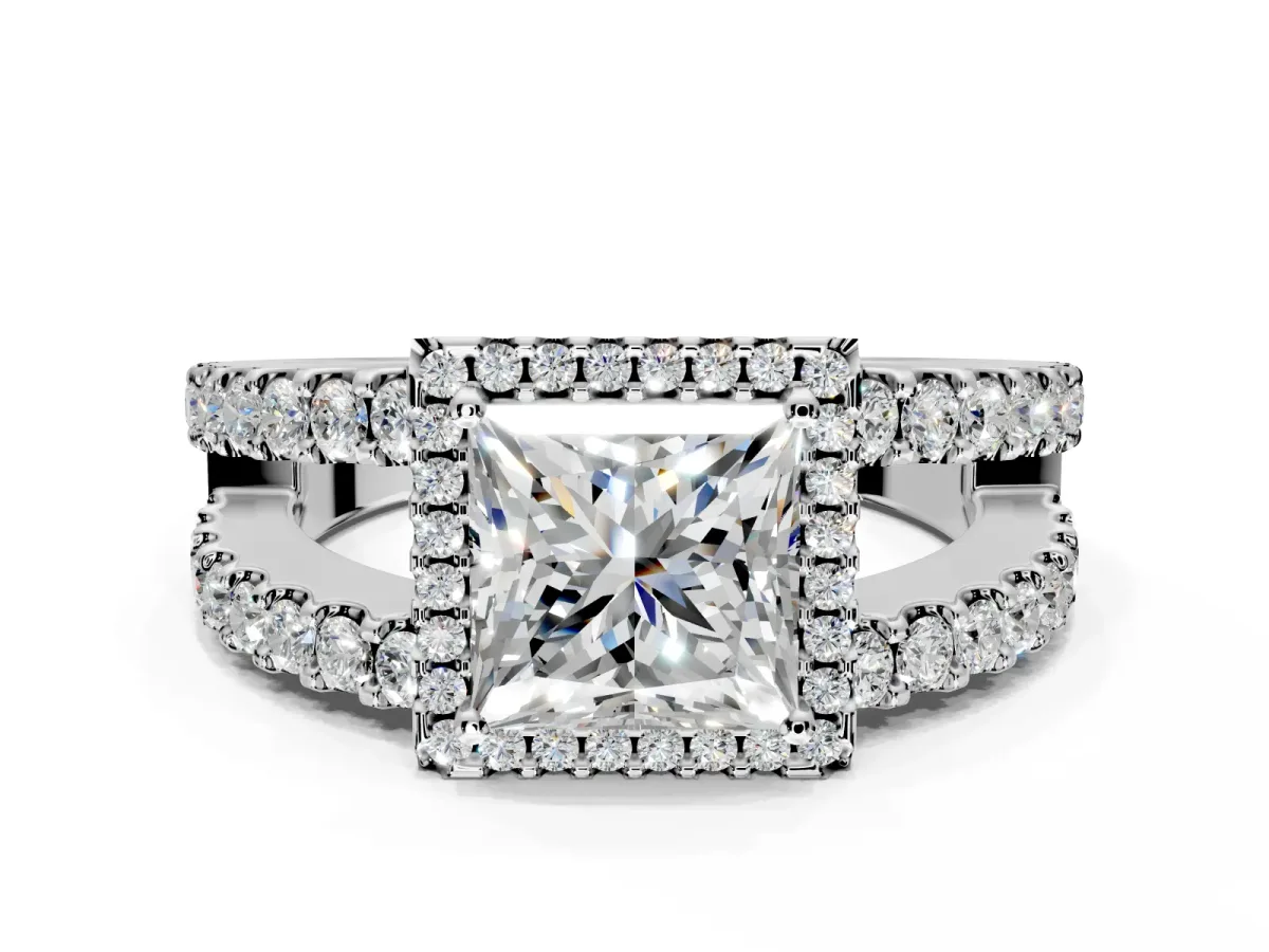 Halo Engagement Ring Setting for Princess Cut Center with Wide-Open Pave Split Shank and Prong Head in Platinum