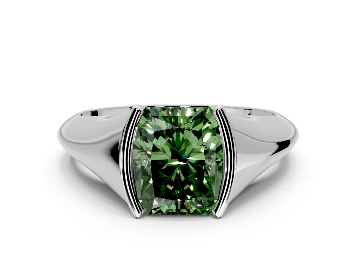 Tension Engagement Ring Setting for Fancy Green Radiant Cut Center with Wide Tapered Band and Tension Head in Platinum