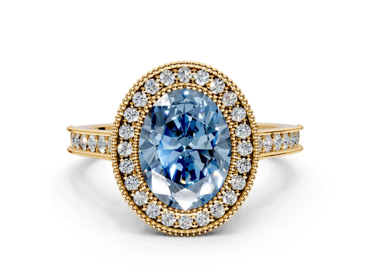 Halo Engagement Ring Setting for Fancy Blue Oval Center with Milgrain Pave Band and Bezel Head in Yellow Gold