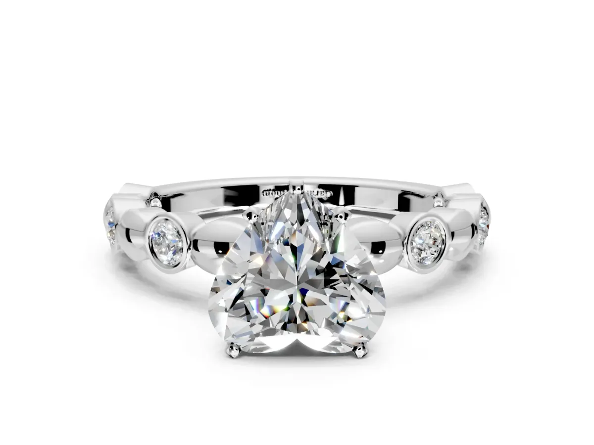 Solitaire Engagement Ring Setting for Heart-Shaped Center with Beaded Bezel Station Band and Prong Head in Sterling Silver