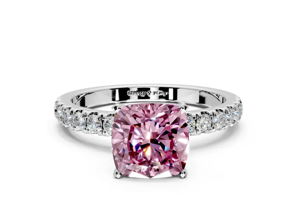 Open Basket Engagement Ring Setting for Fancy Pink Cushion Cut Center with Pave Band and Prong Head in Sterling Silver