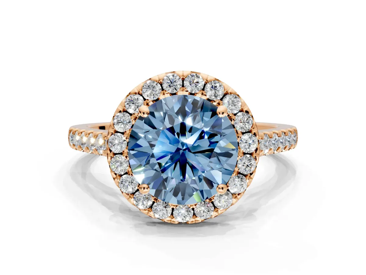 Halo Engagement Ring Setting for Fancy Blue Round Cut Center with Narrowing Pave Band and Prong Head in Rose Gold