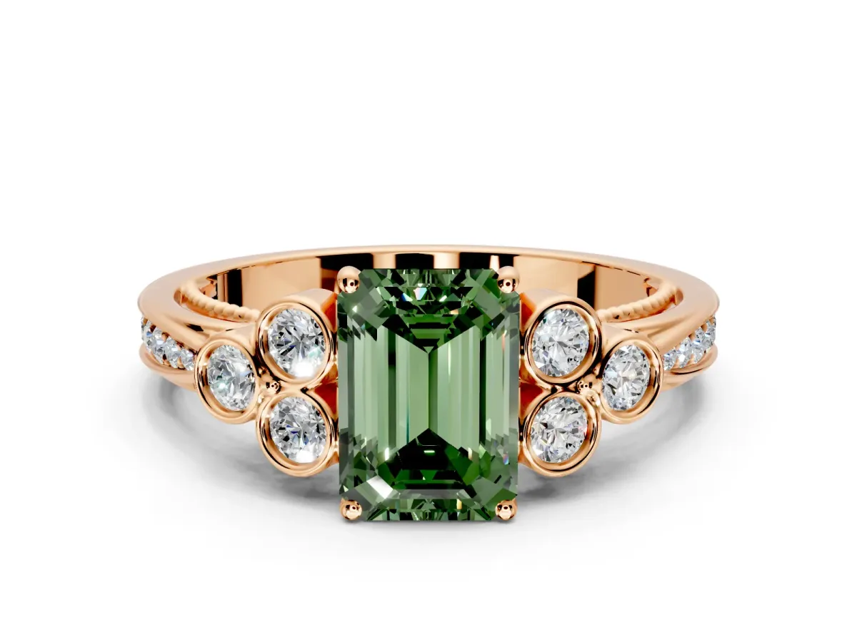 Cluster Engagement Ring Setting for Fancy Green Emerald Cut Center with Bezel Accent Clusters and Prong Head in Rose Gold
