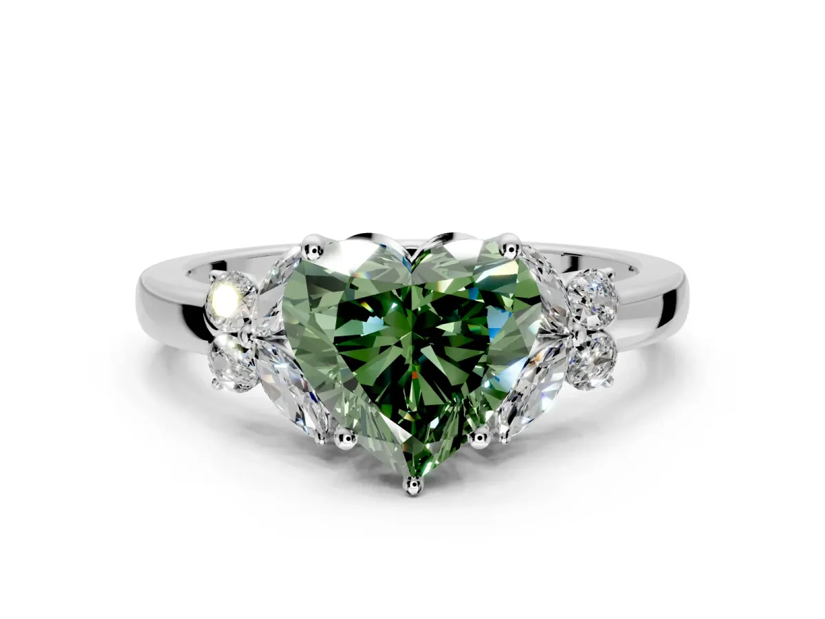 Solitaire Engagement Ring Setting for Fancy Green Heart-Shaped Center with Marquise Flower Shoulders and Prong Head in White Gold