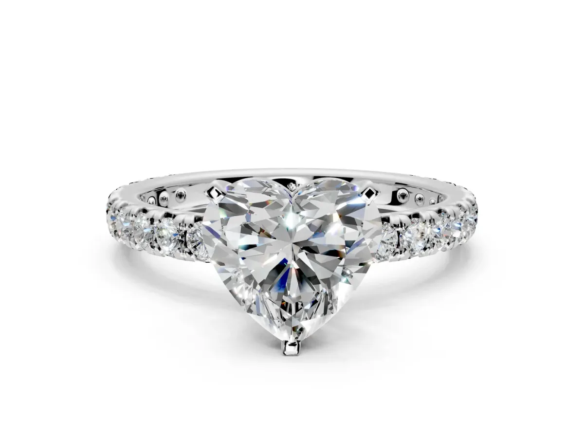 Solitaire Engagement Ring Setting for Heart-Shaped Center with Shared-Prong Accents and Prong Head in White Gold