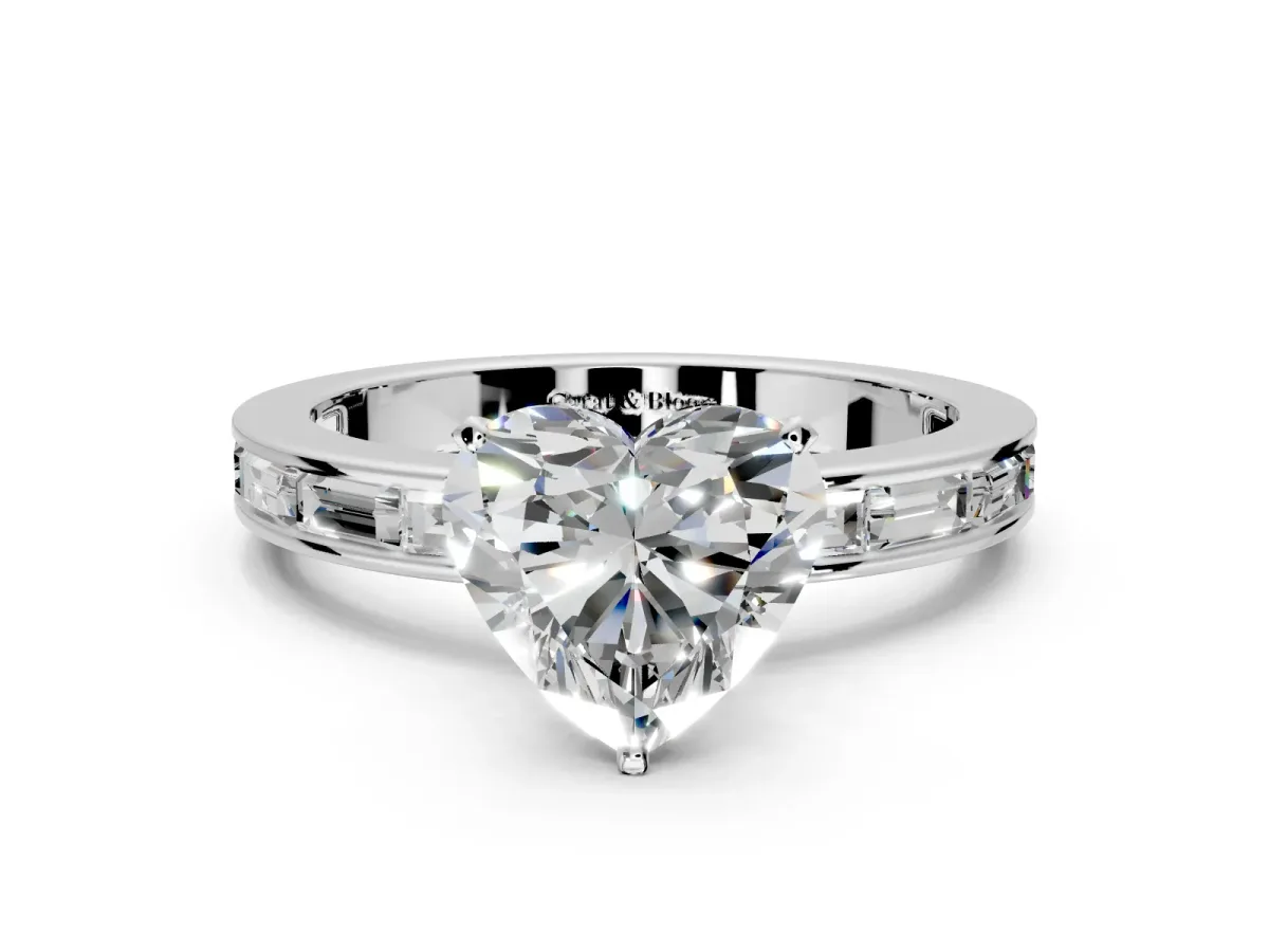 Solitaire Engagement Ring Setting for Heart-Shaped Center with Channel Baguette Band and Prong Head in Platinum