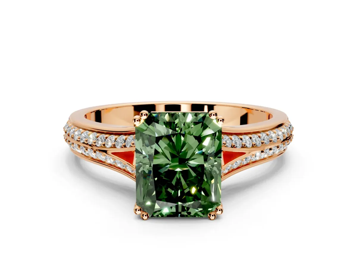 Solitaire Engagement Ring Setting for Fancy Green Radiant Cut Center with Pave Rail Split Shank and Prong Head in Rose Gold