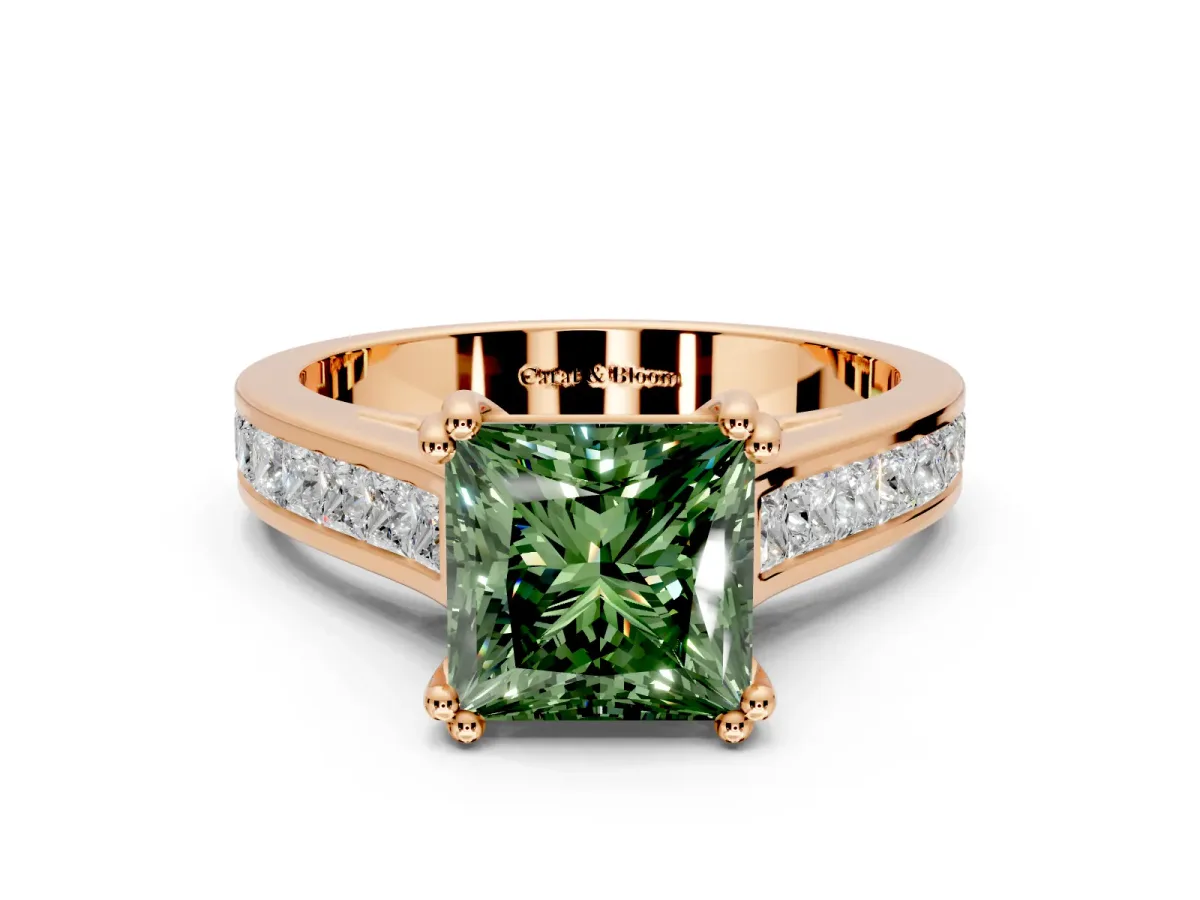 Solitaire Engagement Ring Setting for Fancy Green Princess Cut Center with Channel Band and Double Claw Prong Head in Rose Gold