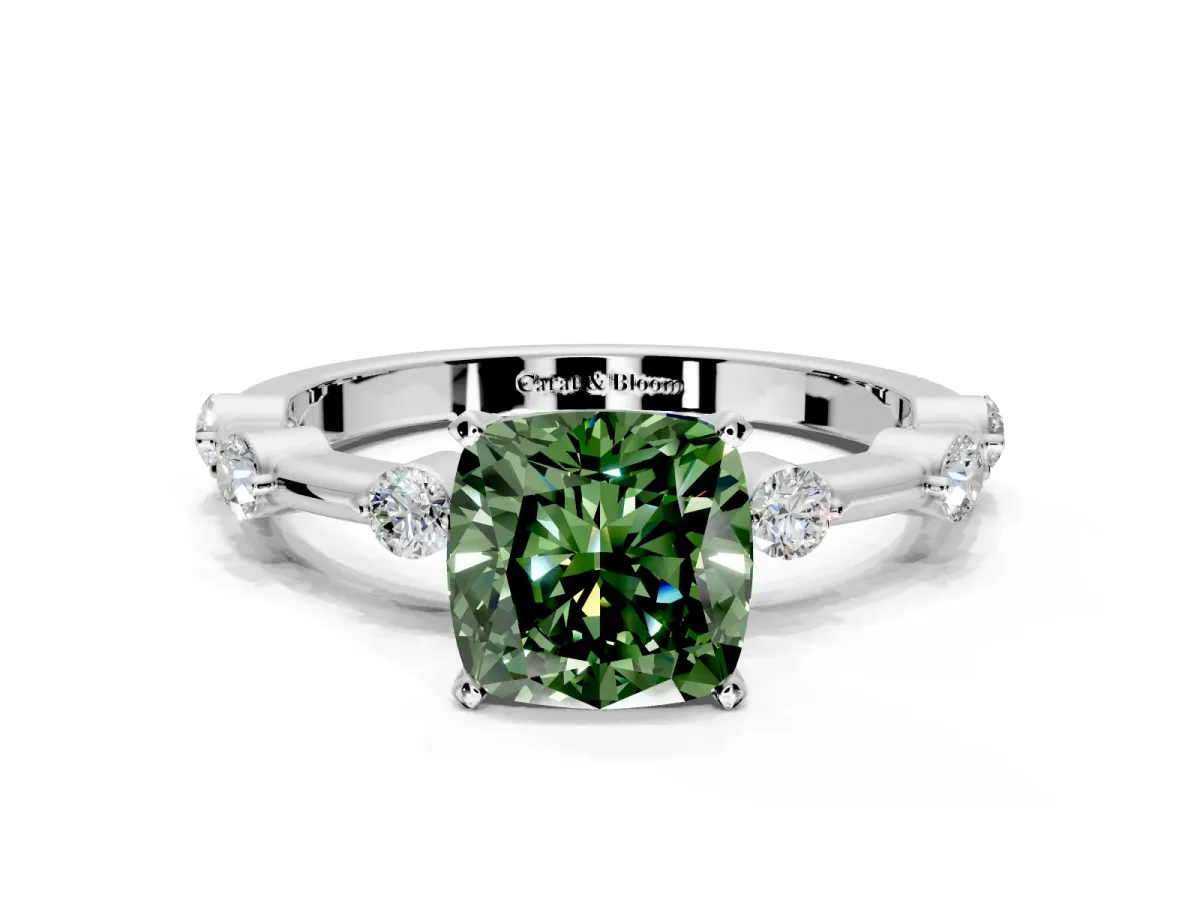 Solitaire Engagement Ring Setting for Fancy Green Cushion Cut Center with Bezel Station Band and Prong Head in Platinum