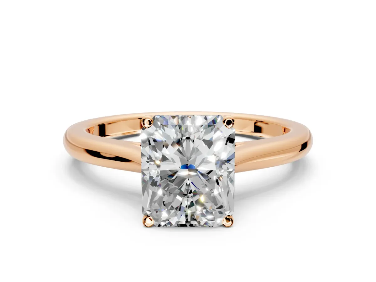 Solitaire Engagement Ring Setting for Radiant Cut Center with Narrow Cathedral Band and Prong Head in Rose Gold