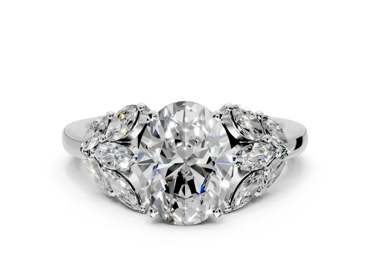 Leaf Cluster Engagement Ring Setting for Oval Center with Marquise Accents and Prong Head in Platinum