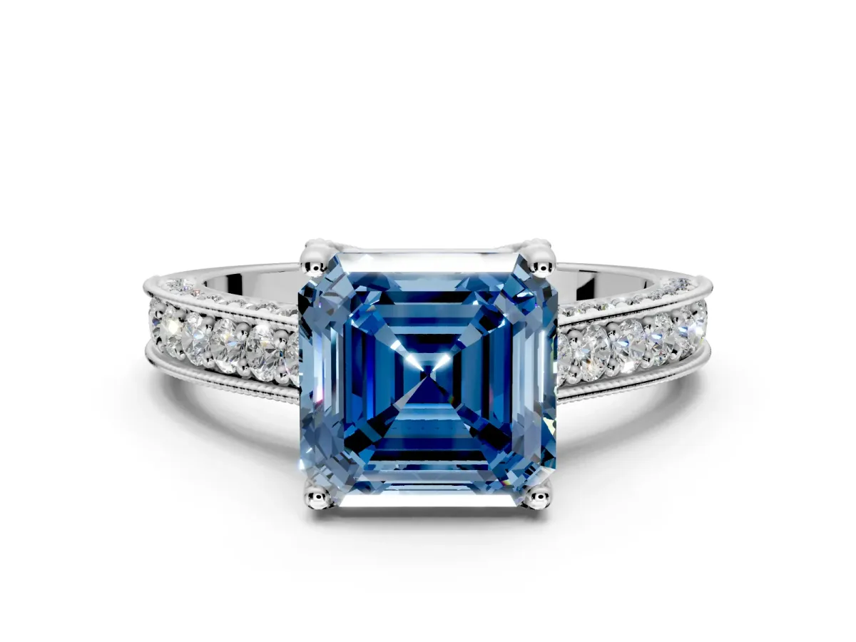 Solitaire Engagement Ring Setting for Fancy Blue Asscher Cut Center with Milgrain-Framed Pave Band and Prong Head in Sterling Silver