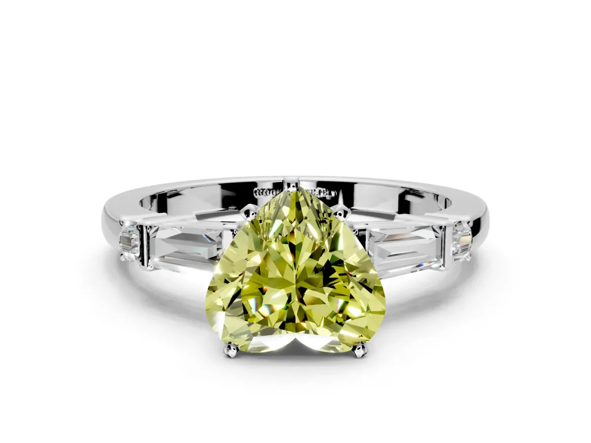 Bar-Set Engagement Ring Setting for Fancy Yellow Heart-Shaped Center with Tapered Baguette Accents and Prong Head in Platinum
