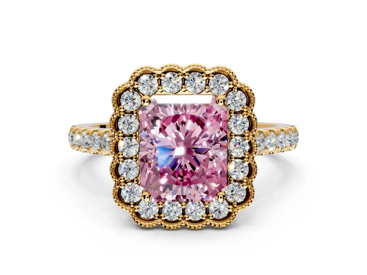 Milgrain Floral Halo Engagement Ring Setting for Fancy Pink Radiant Cut Center with Pave Band and Prong Head in Yellow Gold