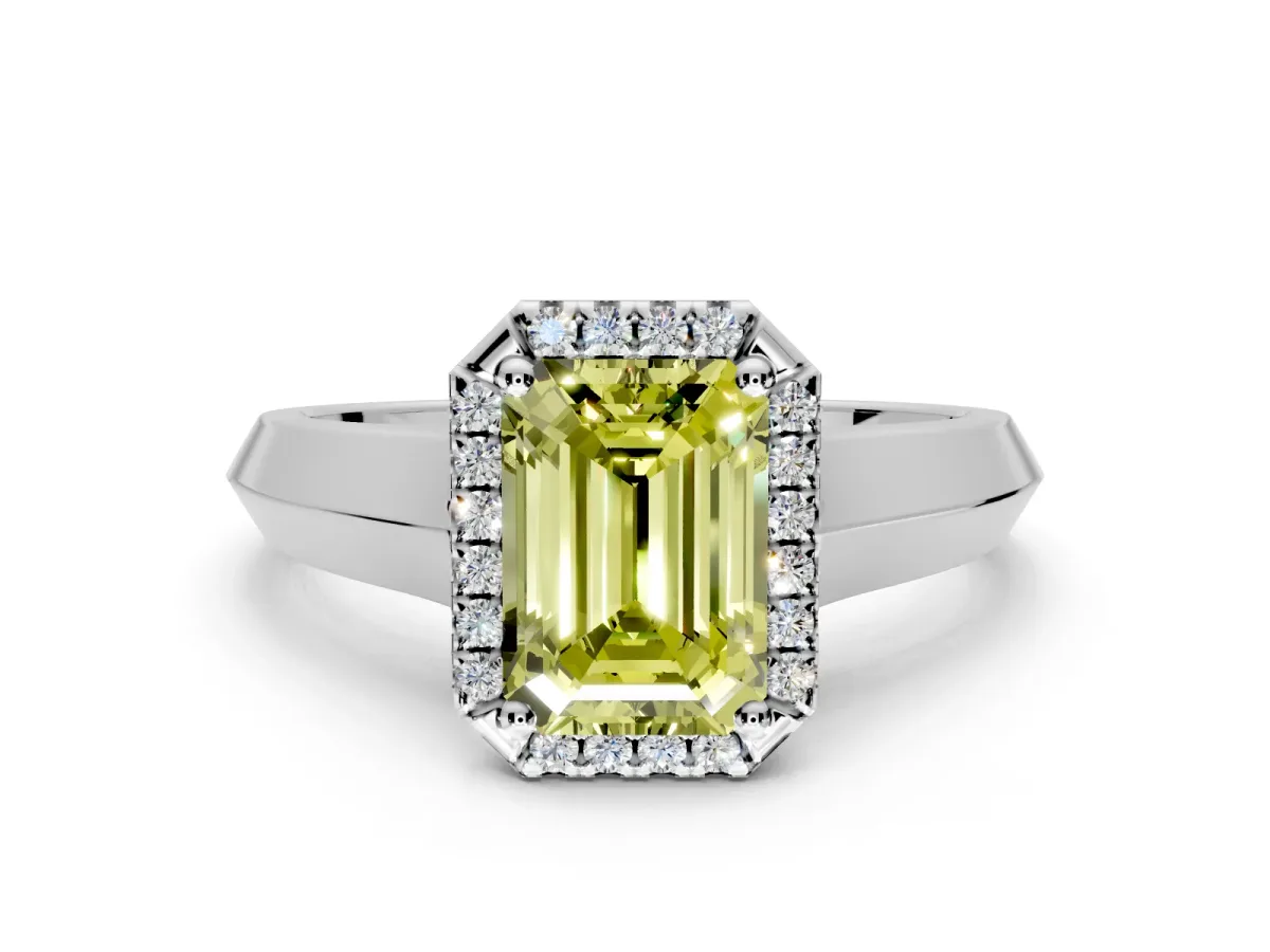 Halo Engagement Ring Setting for Fancy Yellow Emerald Cut Center with Knife Ridge Cathedral Band and Prong Head in Sterling Silver