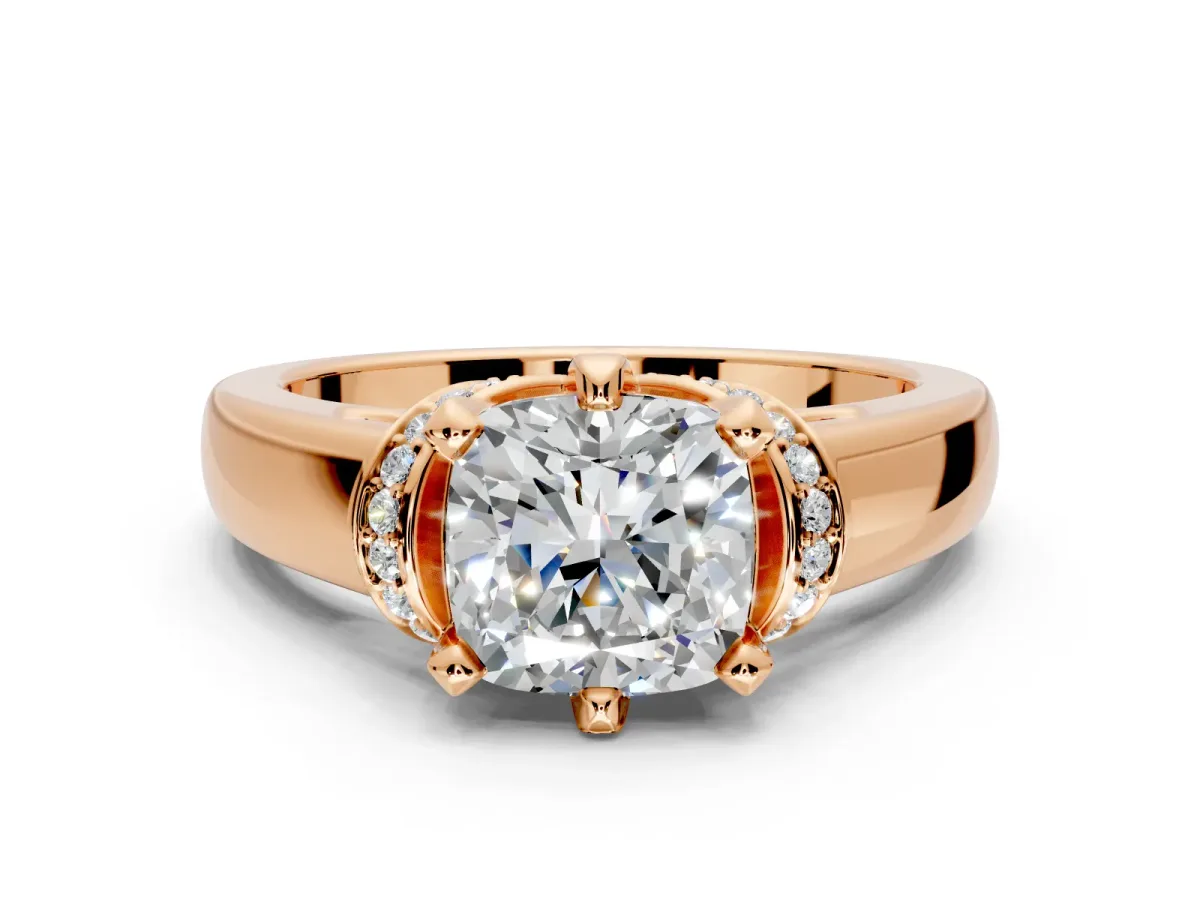 Solitaire Engagement Ring Setting for Cushion Cut Center with Wide Band, Pave Collar and Prong Head in Rose Gold