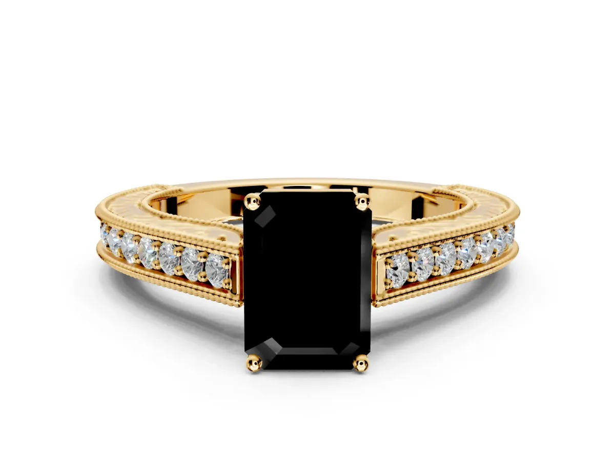 Solitaire Engagement Ring Setting for Fancy Black Emerald Cut Center with Engraved Pave Band and Prong Head in Yellow Gold