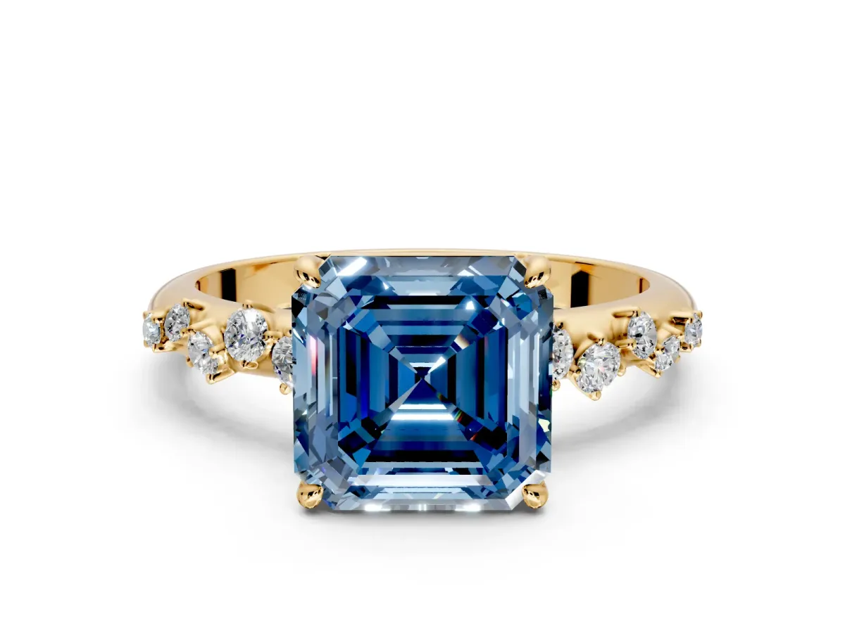 Cluster Engagement Ring Setting for Fancy Blue Asscher Cut Center with Round Cut Accent Band and Prong Head in Yellow Gold
