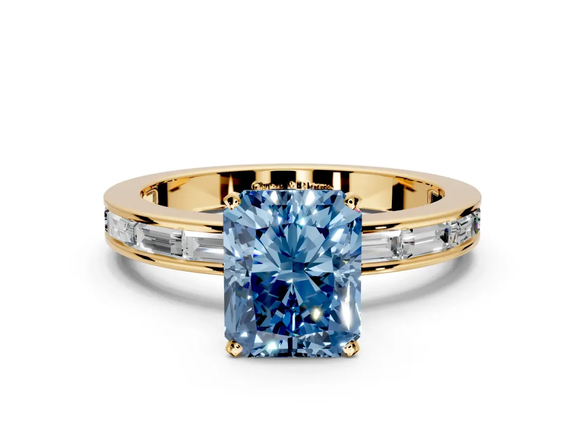 Solitaire Engagement Ring Setting for Fancy Blue Radiant Cut Center with Channel Baguette Band and Prong Head in Yellow Gold