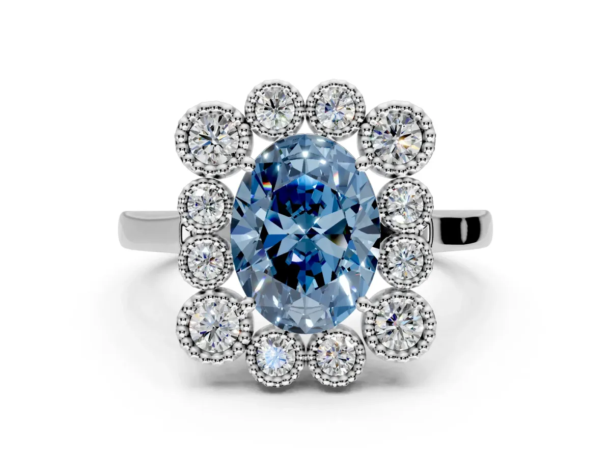 Cluster Halo Engagement Ring Setting for Fancy Blue Oval Center with Milgrain Bezel Accents and Prong Head in White Gold