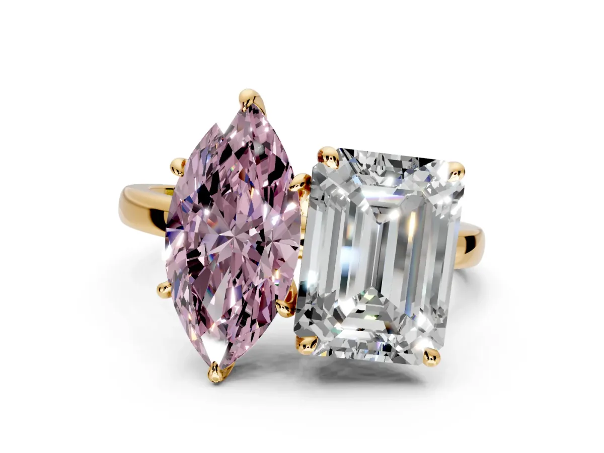 Fancy Pink Marquise and Emerald Cut Lab-Grown Diamond Toi et Moi Engagement Ring with Prong-Set Stones in Yellow Gold
