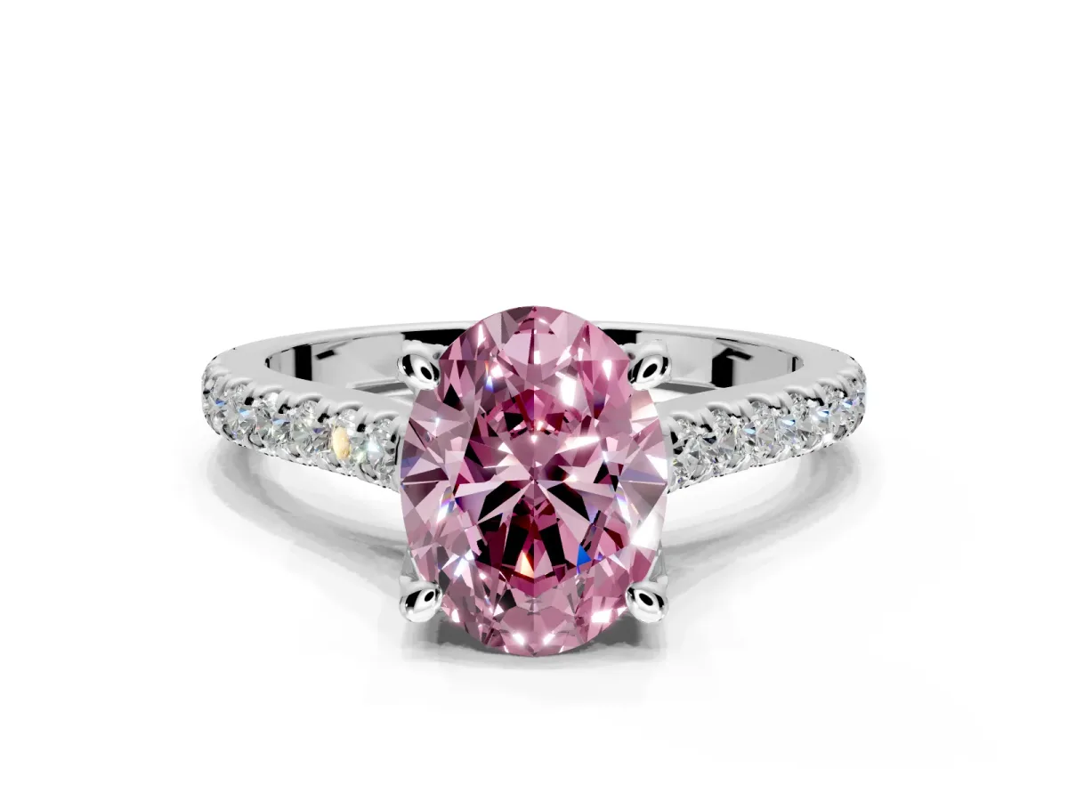 Solitaire Engagement Ring Setting for Fancy Pink Oval Center with Widening Pave Band and Claw Prong Head in Sterling Silver