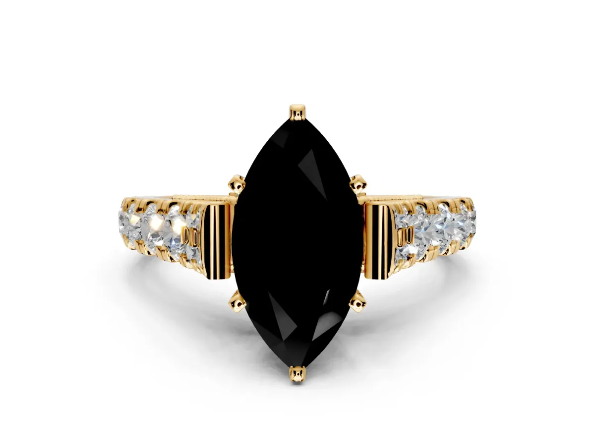 Solitaire Engagement Ring Setting for Fancy Black Marquise Center with Pave Cathedral Shoulders and Prong Head in Yellow Gold