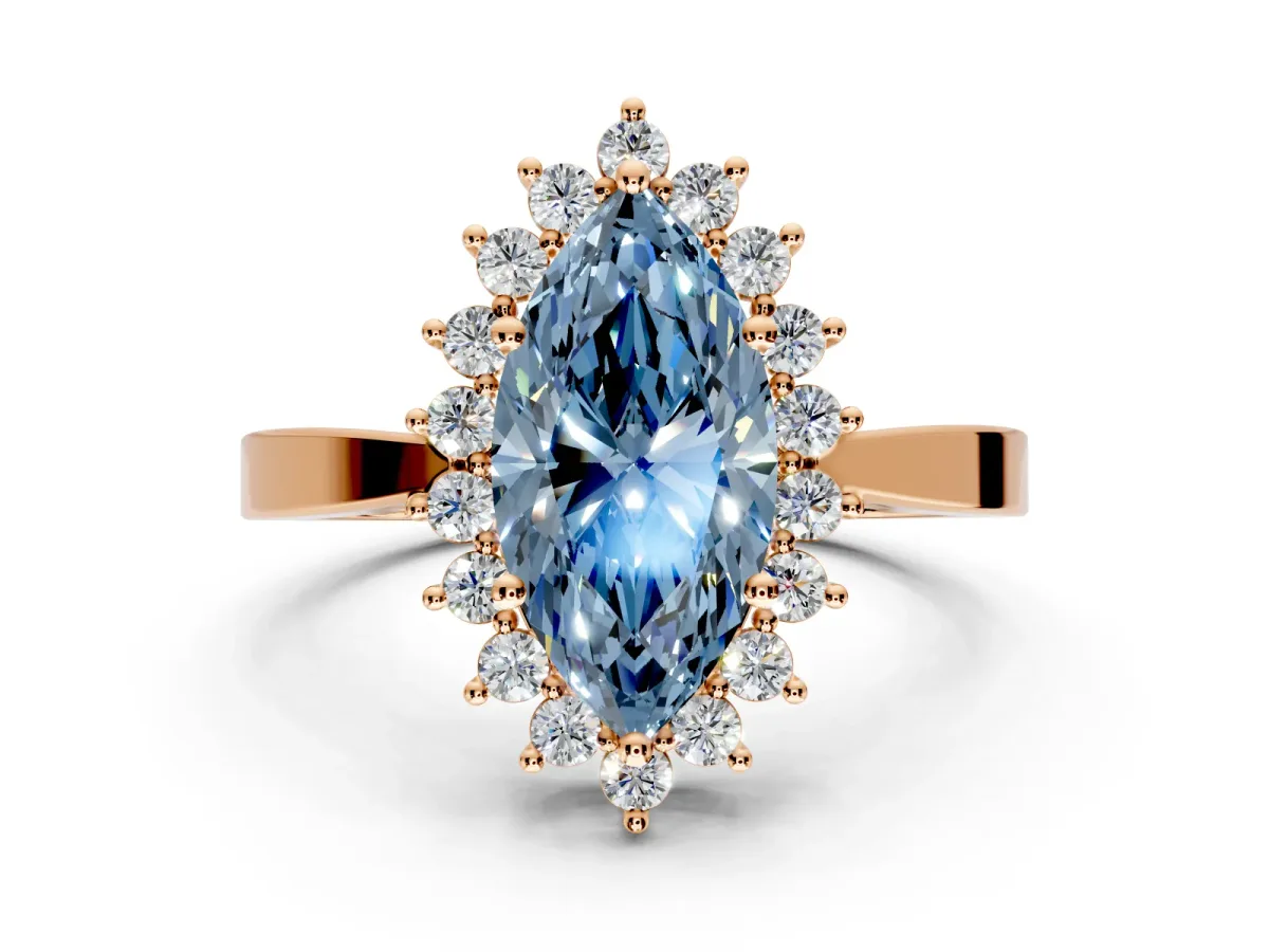 Starburst Halo Engagement Ring Setting for Fancy Blue Marquise Center with Flat Cathedral Band and Prong Head in Rose Gold